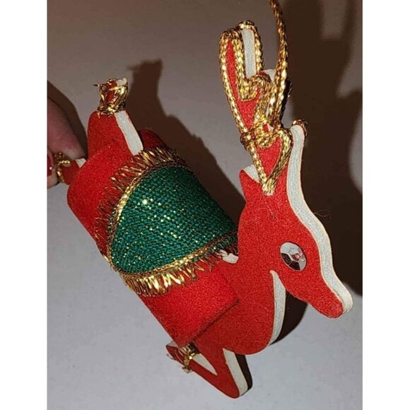 Vintage Red Reindeer Christmas Ornament With Gold Accents & Green Saddle AX - Picture 7 of 9